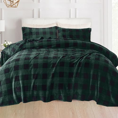 Elegant Comfort Luxuriously Soft 4-Piece Velvet Plush Flannel Sheet Set - Premium Quality - Cozy Warm, Anti-Static, Non Pilling Fuzzy Velvet Flannel Fleece Deep Pocket Sheet Set - Full, Buffalo Green