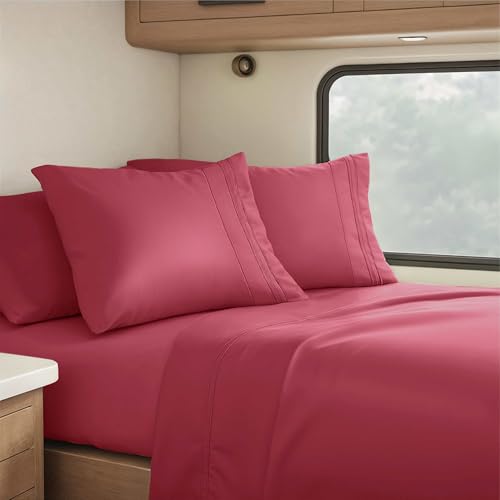 Nestl Burgundy Red Short Queen Sheets for RV, Hotel Luxury RV Queen Sheets Set, 4 Piece Fitted Bed Sheet Set and Pillowcases, Super Soft, Wrinkle-Free, and Breathable Camper Bedding