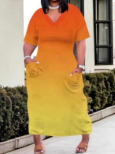 Image of PinkPatty Women's Plus Size Short Sleeve Maxi Dress Casual Loose V Neck Long Dress with Pockets