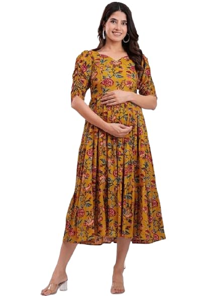 Women's Cotton Anarkali Maternity Feeding Kurti Floral Printed V-Neck Feeding Dress with Side Zipper-picture-53