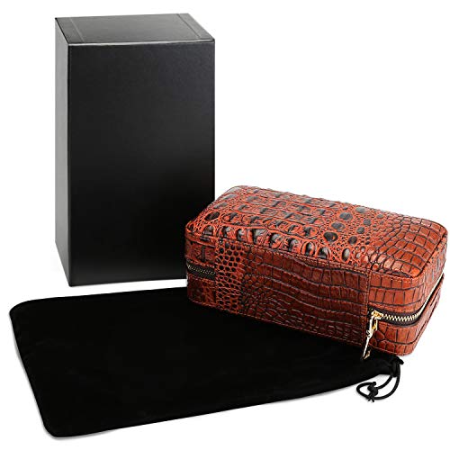 Cigar Humidor Case Cedar Wood Portable Lined Genuine Leather Case with Humidifier, Travel Humidor Crocodile Leather Case for 6 Cigars