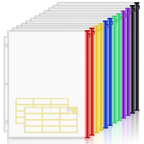 KTRIO 12 Pack Binder Pockets, 8.5 x 11 Colored Zipper Pouches for Binders