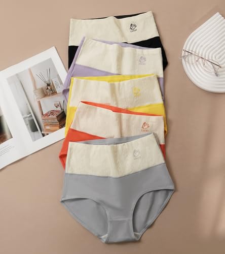 Image of Women's Cotton Underwear High Waisted Tummy Control Soft Stretch Briefs Full Coverage Panties 5 Pack