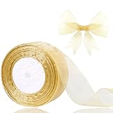 Hiswan 1.5 inch Sheer Organza Ribbon Gold Chiffon Ribbon for Gift Wrapping Wedding Bouquet Crafts 50