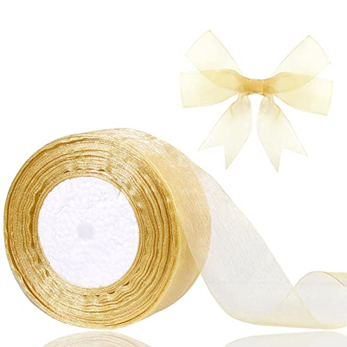 Hiswan 1.5 Inch Sheer Organza Ribbon Gold Chiffon Ribbon For Gift Wrapping Wedding Bouquet Crafts 50 Yards #TOP8