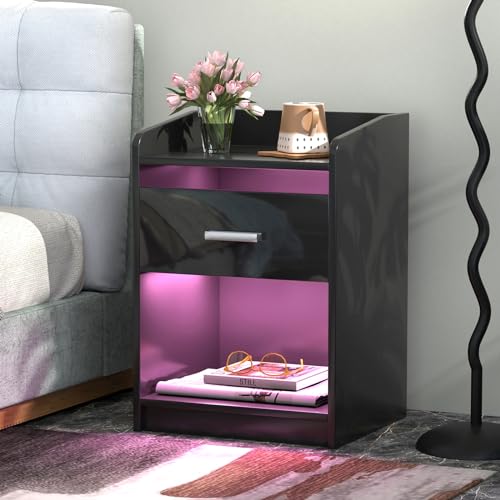 PIPIPOXER Table de Chevet LED avec 1 Tiroirs, Table de Nuit Blanche Haute Brillance, 16 Couleurs Lumières LED, 4 Modes de Luminosité pour Chambre à Coucher,...