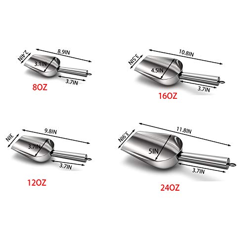Cedilis Set of 4 Stainless Steel Ice Scoops, 8/12/16/24oz Metal Scooper for Freezer, Ice Machines, Pet Food, Flour, Candy, Coffee Beans, Dishwasher Safe