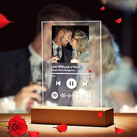 Personalised Spotify Plaque Custom Photo Glass Art Night Light Music Plaques Acrylic Song Album Cover, Customised Scannable Spotify Code Music Plate for Lovers Couples Valentines Day Gifts (With base) Cover