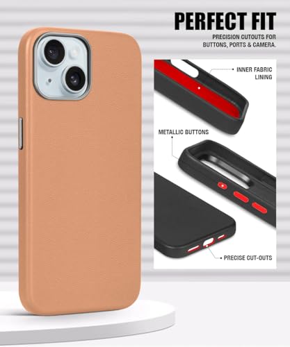 Image of WOW IMAGINE Back Cover for iPhone 13 | iPhone 14 | Shockproof Tough Leather Texture Hard Mobile Case | Ultra Slim Non-Slip Grip | Inner Velvet Fabric | Metal Camera Ring (Tan Brown)