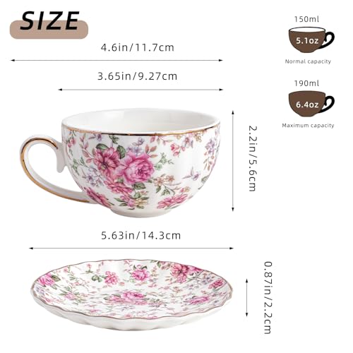 Agyiuns Tea Cup and Saucers, 6.4oz Floral Tea Cups with Gold Trim, Porcelain Teacup, Coffee Cappuccino Espresso Latte Mugs for Party Birthday,Party Cafe Home, Christmas Gift (White) - Thumbnail 2
