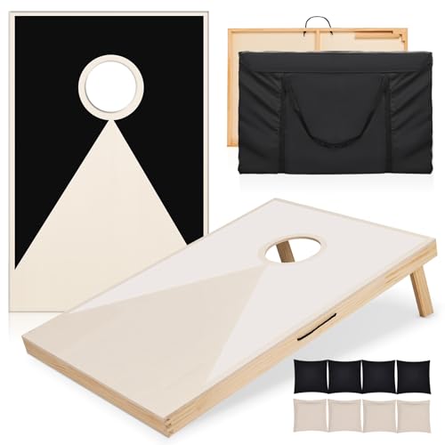 Solid Wood Cornhole Game Set, 2 Portable 3 x 2 ft Cornhole Boards, 8 Bean Bags, Indoor & Outdoor Lawn Toss Games Activity (Black+White, 3 x 2 ft)