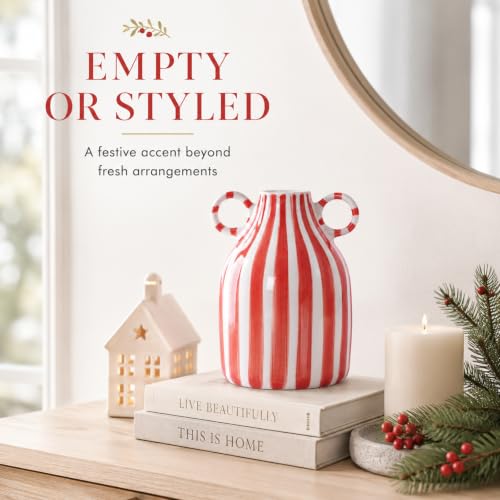 Image of Red and White Striped Ceramic Vase with Double Ring Handles