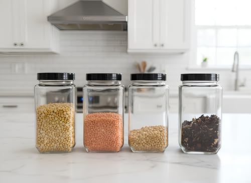 Image of Brezzycloud Piraml Glass Cubical Square 1000ml Transparent Glass Jars & Containers for Kitchen Pantry, Cookies, Dry Fruits, Coffee Storage with Black Plastic Lid (Set Of 4)