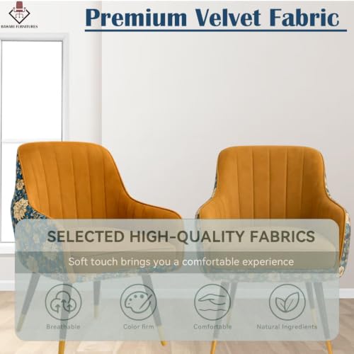Image of Velvet Chair for Home | Modern Accent Armchair in Soft Velvet Fabric with Golden Legs | Set of 2 Premium Accent Chair for Living Room Bedroom Restaurent | 2 pc (Brown Floral)