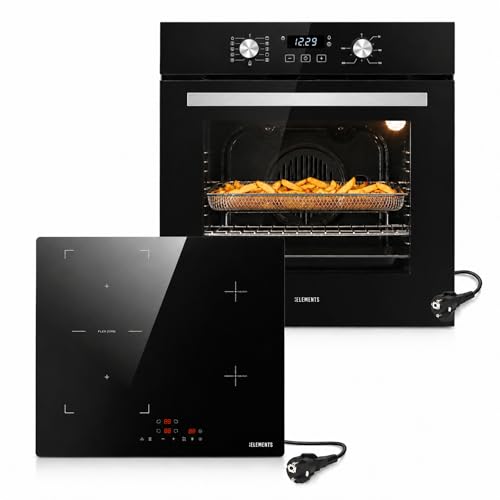 KB ELEMENTS Autarkes Herdset 60 cm Einbaubackofen mit Air Fry & Steam Clean Induktionskochfeld 59 cm mit Flexzone Schuko-Stecker Timer Kindersicherung 9 Leistungsstufen A+ Energieklasse