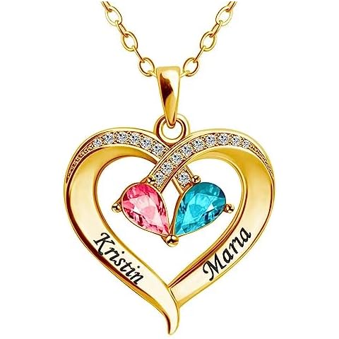 Ancofi Personalized Birthstone Necklace for Mother Women Custom Name Necklace with 2-4 Birthstone Heart Necklace with Names Women Jewelry Birthday Gifts for Mom Wife Girlfriend Christmas (Gold) Cover