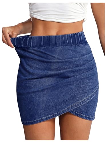 Verdusa Women's Ruched Wrap Denim Mini Skirt Stretchy Bodycon Jean