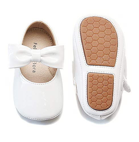 Felix & Flora Baby Girls Mary Jane Ballet Flats Anti-Slip Rubber Sole Bow Infant Toddler Dress Shoes(9-12 Months Infant,White)