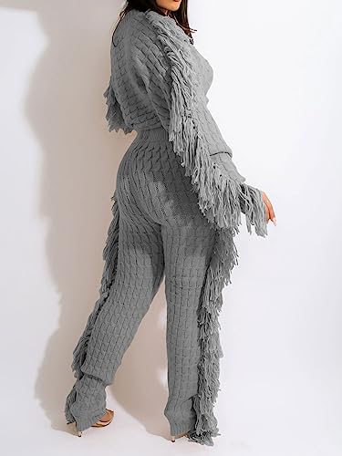 Image of KANSOON Sweater Sets for Women 2 Piece Outfits Knit Tassels Solid Color Long Sleeve Crop Sweaters Long Pants Sweatsuit