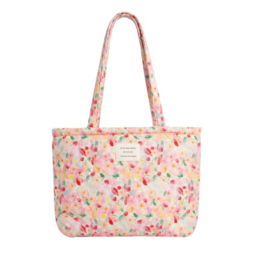 Image of Floral Quilted Cotton Shoulder Bag for Women Medium Size Handbag Large Capacity Thickened Design Tote