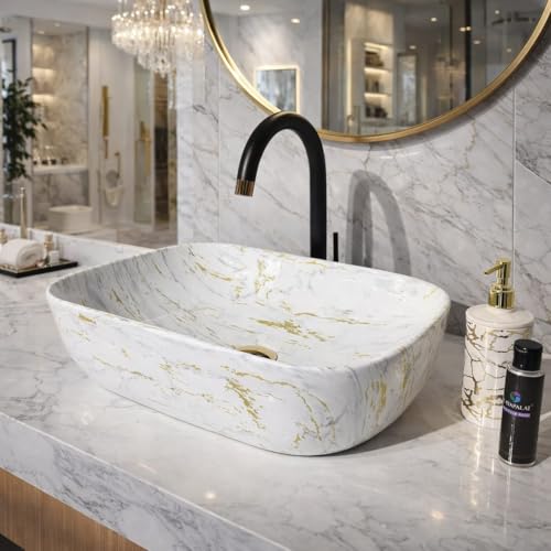 Image of Ceramic Tabletop Wash Basin - Glossy Rectangular Countertop Vessel Sink with Marble Finish for Bathroom & Vanity | Compact 18 x 13 x 5 Inch | Elegant Washbasin