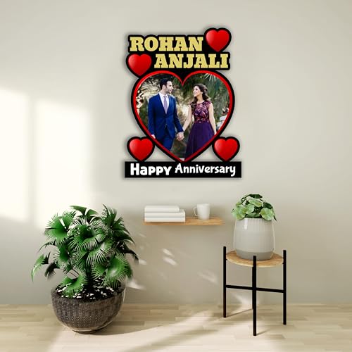Image of Shrikant Art Personalized inchHappy Anniversary inch Heart-Shaped Photo Collage Wall Hanging - Large 15x12 Inch Custom Name Wooden Frame with Red Heart Accents