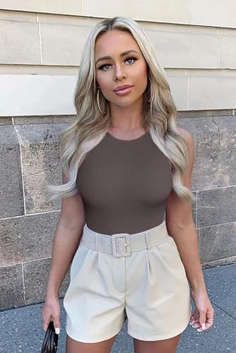 Image of OQQ Women's 3 Piece Bodysuits Sexy Ribbed One Piece Sleeveless Halter Neck Tops Leotard Summer Trendy