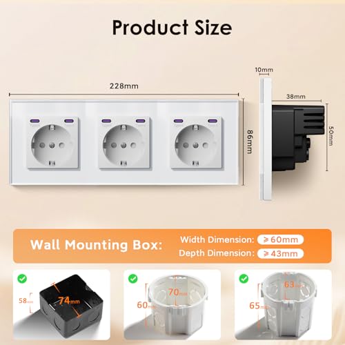 BSEED Schuko Steckdose mit Type C 20W Schnellladeger&auml;t, Typ C + Typ C Steckdose Unterputz, 4 Fach EU-Standard Wandsteckdose mit Glas Platte, 299mm, Wei&szlig;