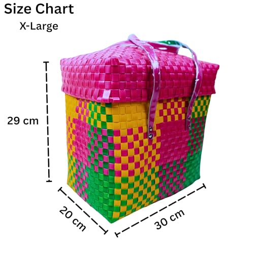 Image of Hand Made Multipurpose Plastic Basket with Lid, Pink with Green, XL