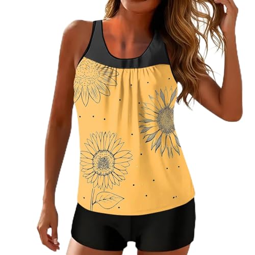 Traje De Baño Mujer,Baño Casual De Mujer con Efecto Push-Up,Control De Abdomen,Estampado Floral,Cuello Redondo,Baño De Verano De Talle Alto,Tankini Acolchado Trajes De Baño:(01##Gold,L)