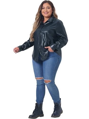 Agnes Orinda Plus Size Faux Leather Jacket Shacket for Women Motorcycle Biker Button Down Shirts3