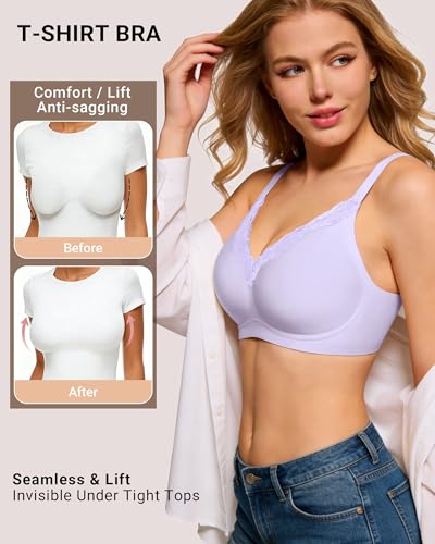 HORISUN Bras for Women Wireless Jelly Push Up Seamless Bra Full Coverage No Underwire Supportive T Shirt Bralette (Purple 36A) — view 5