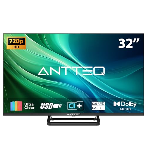 Antteq TV de 32 pulgadas, diseño de soporte central, TV 720P Freeview HD Dolby Audio DVB T2/S2 LED Televisión, HDMI USB Media Player Monitor PS5 Xbox, TV estándar no inteligente, pantalla pequeña para