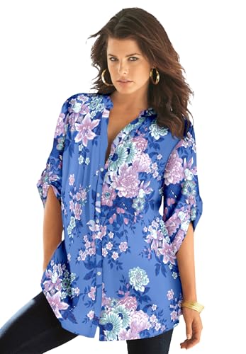 Roaman's Women's Plus Size Pintuck Tunic Blouse – Y-Neck & Roll-Tab Sleeves - 14 W, Horizon Blue Floral