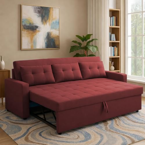 Image of Casaliving Treshta 3 Seater Pull-Out Premium Fabric Sofa Cum Bed Sofa Set for Living Room (Maroon Fabric Color) Premium Fabric Sofa Set for Living Room Sofa Cum Bed