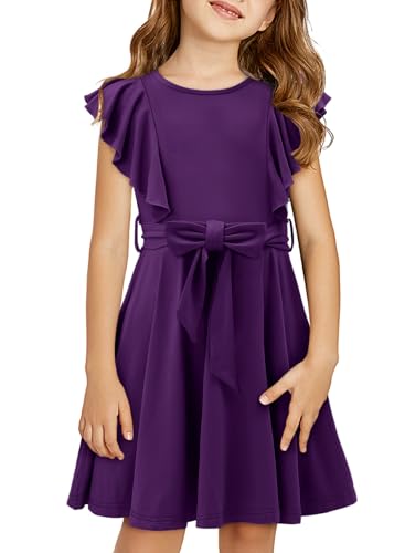 storeofbaby Girls Casual Ruffle Dress Elegant A-Line Flowy Dresses with Belt 5-14 Years