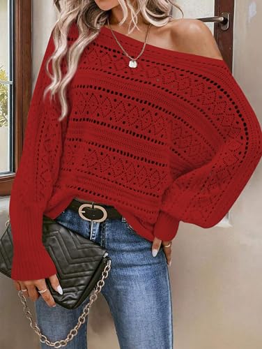 Image of Cakulo Womens Off Shoulder Sweater Top Fall Outfits Fashion 2025 Oversized Knit Batwing Long Sleeve Crochet Pullover Sweaters