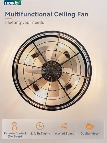 Image of LEDIARY 26 inch Caged Ceiling Fan with Light and Remote, Low Profile Flush Mount Fandelier, Black Bladeless Enclosed Small Fan Lights Ceiling Fixtures, Rustic Farmhouse Style for Bedroom, Outdoor
