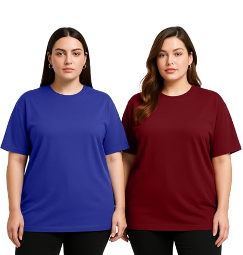 Image of JUNEBERRY 100% Pure Cotton Oversized Baggy Fit Drop Shoulder Solid Core Plus Size T-Shirt Combo for Women (Pack of 2) (Sizes from: 2XL to 5XL)