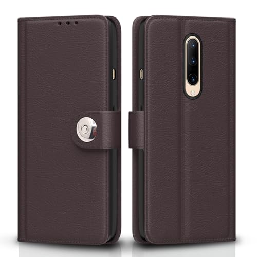 Image of Pikkme Flip Cover Leather Finish | Inside TPU with Card Pockets | Wallet Stand and Shock Proof | Complete Protection Button Flip Case for OnePlus 7 Pro (Coffee)