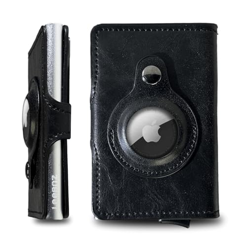 Bifold AirTag Wallet for Men – Slim RFID-Blocking Pop-Up Card Holder with Built-In AirTag Holder – Vegan Leather Front Pocket Wallet with Cash Slot (Black, Holds 10 Cards)