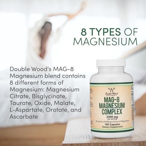 Magnesium Complex Supplement 180 Capsules (426mg Elemental Magnesium Provided by 2,300mg of Eight Different Forms of Magnesium) MAG-8 Provides 100% Daily Recommended Value of Magnesium by Double Wood