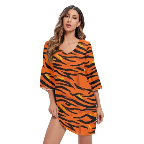 Robe imprimé tigres col en V orange noir fluide décontractée mi-saison