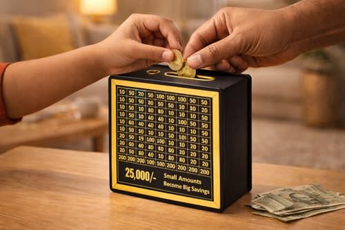 Image of Dr.Mashur Wooden Money Bank with Lock, Vintage Coin & Cash Saving Box for Kids and Adults, Reusable Piggy Bank for Home Decor and Gifting (2, 25 k Money box2)