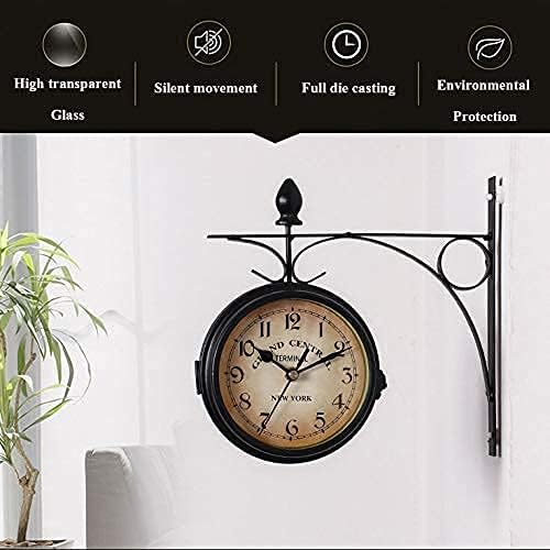 Outdoor Garden Wall Clock, 9 Inch Double Sided Wrought Iron Garden Clock Waterproof Outdoor Clock Indoor Outdoor Decoration Outside Clock Station Quartz Wall Clock with Outside Bra