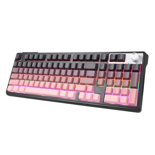 HUO JI Wireless Mechanical Gaming Keyboard with Knob, Bluetooth 5.0/2.4GHz/USB-C Wired, Hot Swappable Red Switches, Anti-Ghosting, Led Backlit, 96% Computer Keyboard for PC Gamer, Pink