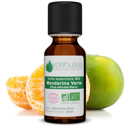 VOSHUILES - Huile Essentielle Mandarine Verte - Parfum Zesté et Frais - Relaxation et Bien-être - 100% Pure, Naturelle et Chémotypée - 10ml