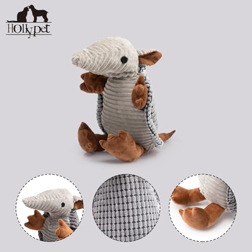 Image of Hollypet Plush Dog Squeaky Toy Stuffed Armadillo Animal Pet Puppy Chew Toys with Clean Teeth for Small Medium Large All Breed Sizes Dogs, Dark Gray, 10 in