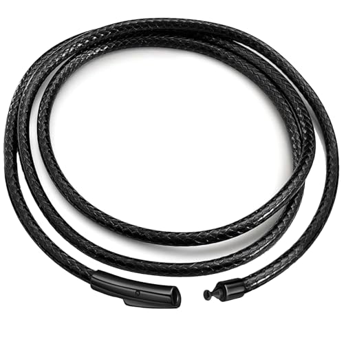 IOYYIO Durable 2/3/4/5MM Width Waterproof Comfortable Braided Leather Chain Cord with Stainless Steel Clasp Versatile String Rope Necklace for Men/Women Classic Black Chains Necklace for Pendants