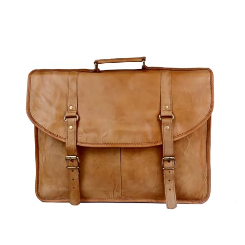 Vintage Brown Genuine Goat Leather Messenger Bag, Brass Hardware, Tan Brown